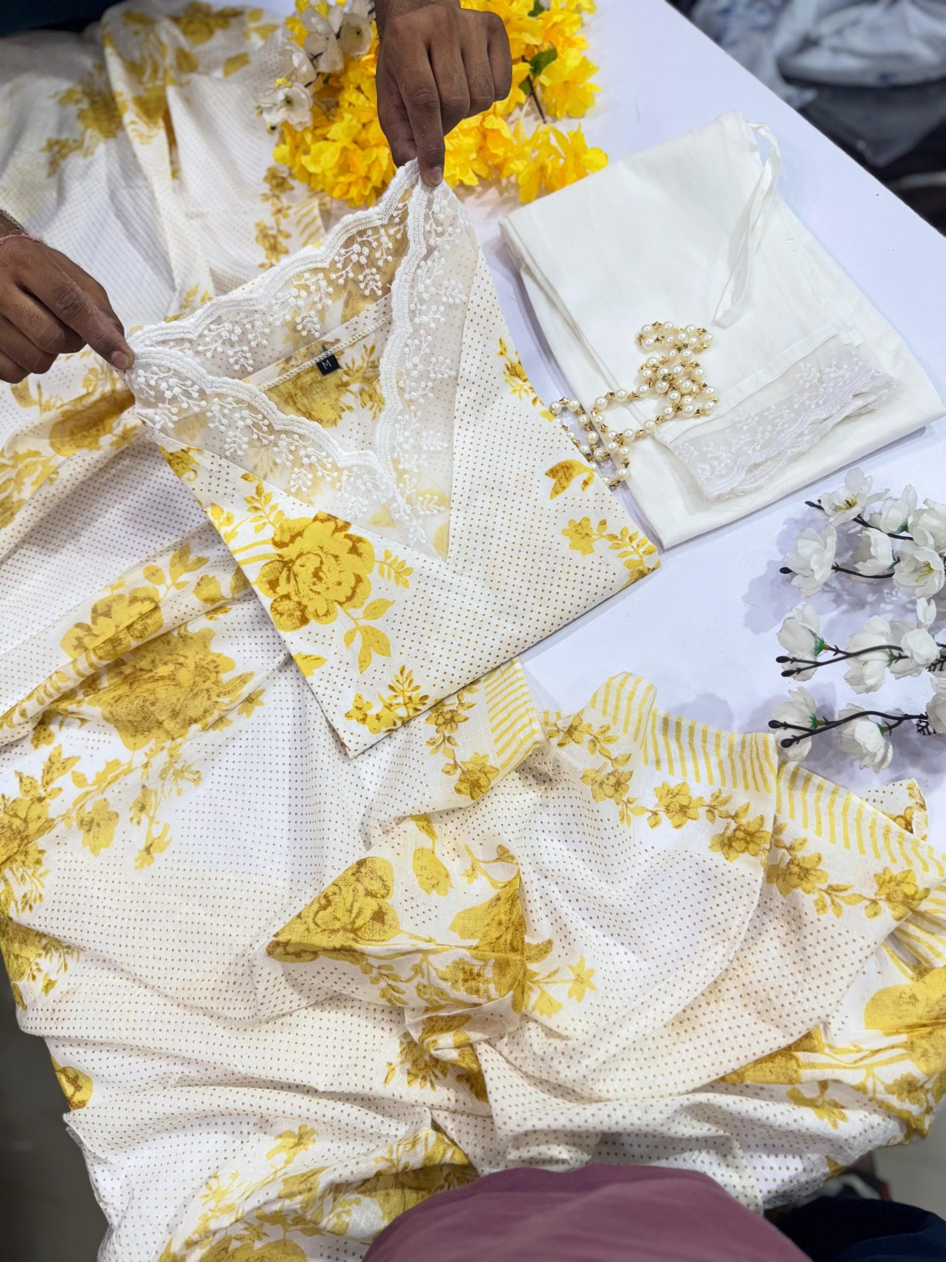 White and Yellow Floral Dress with Accessories