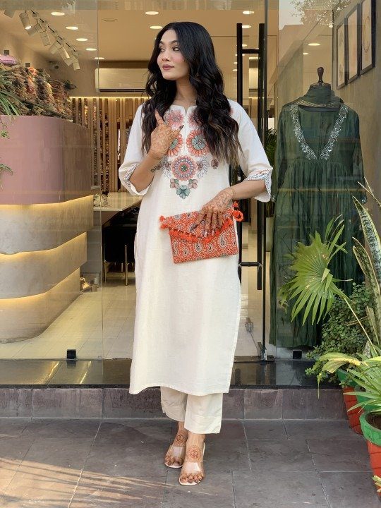 Elegant Off-White Linen Embroidered Kurti with Pants | Summer Wear Indian Designer Kurta Set