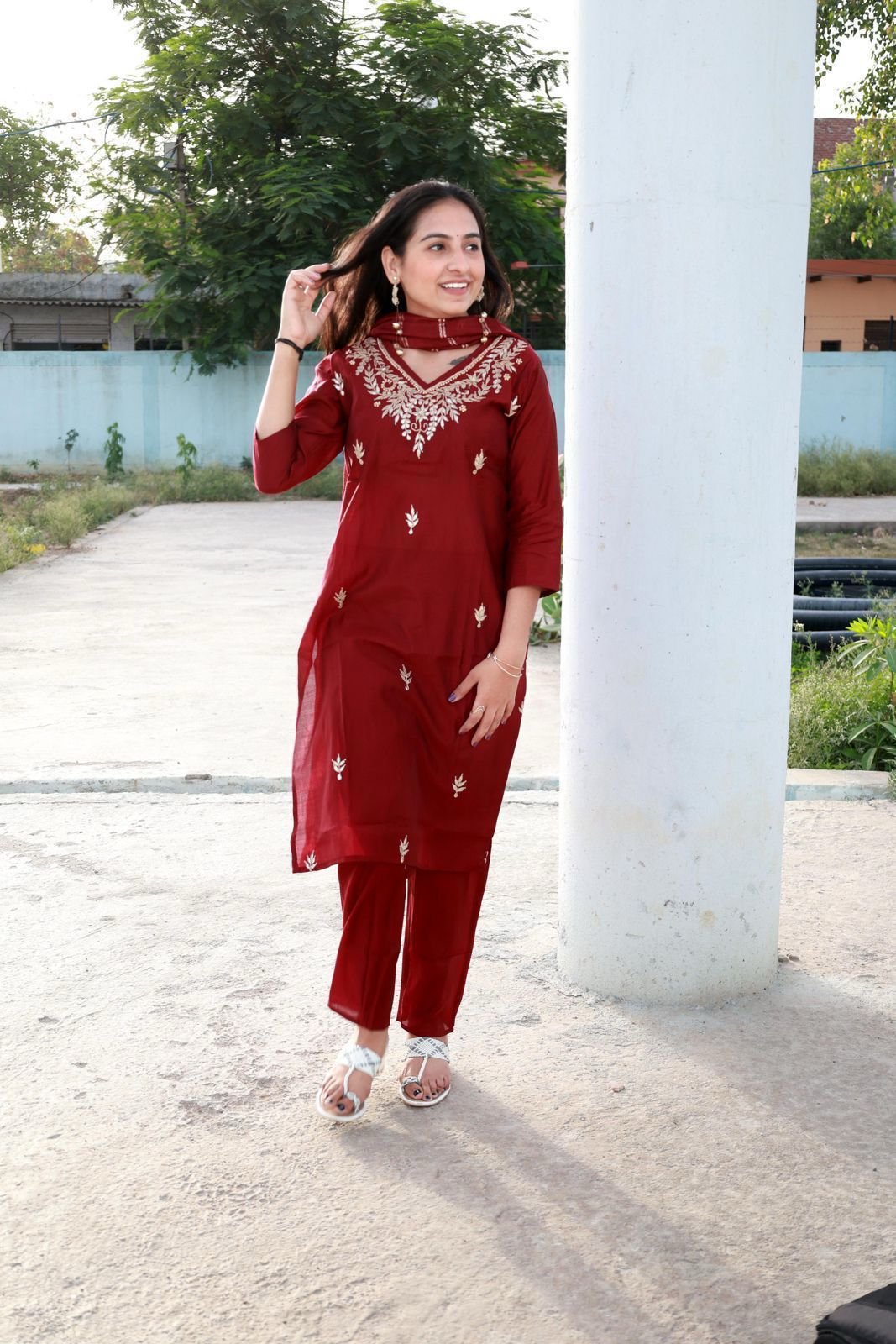 Chiffon Jacquard Kurti red color Chiffon Jacquard Kurti red color
