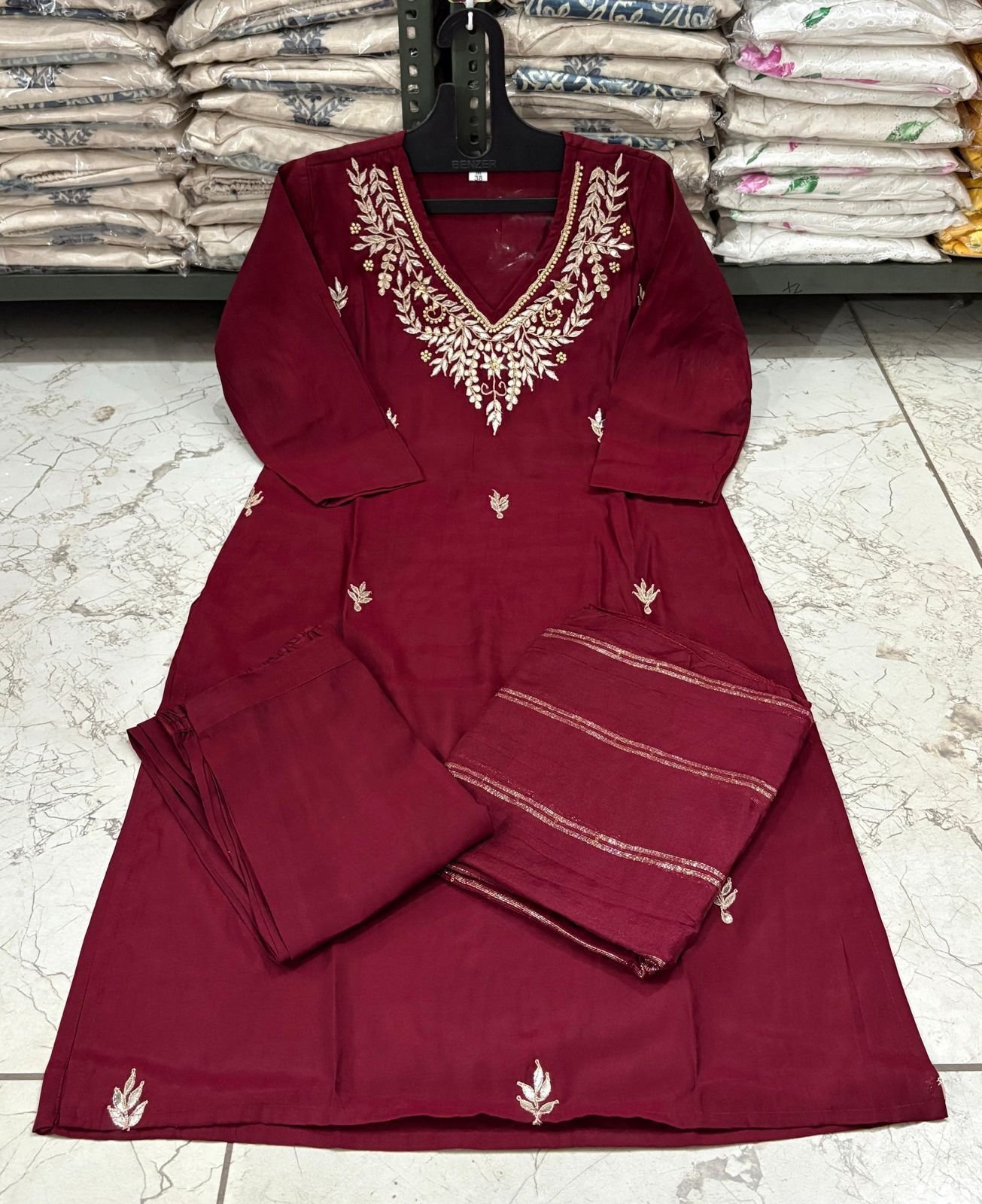 Chiffon Jacquard Kurti red color Chiffon Jacquard Kurti red color