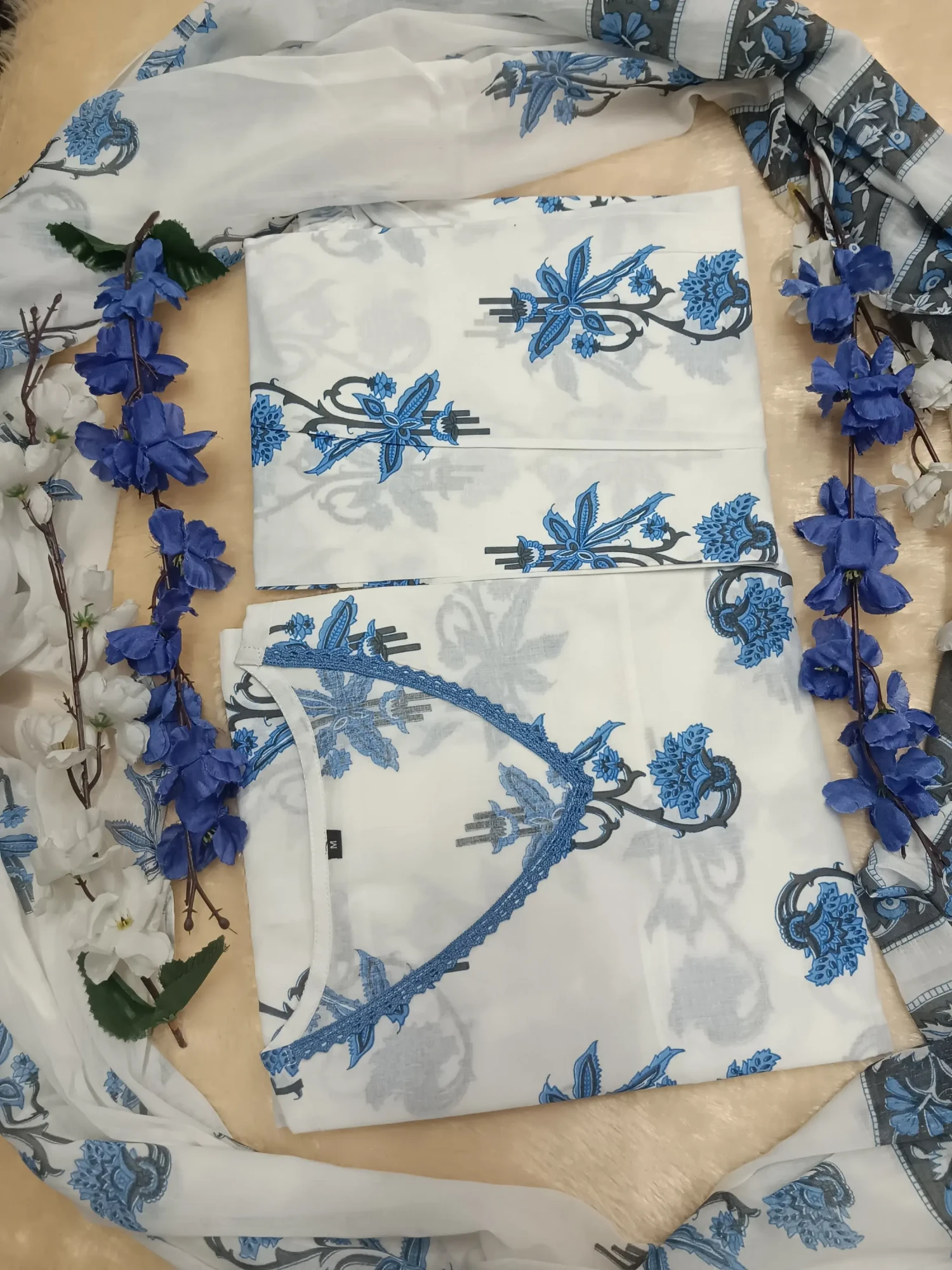 Luxury Cotton Handblock Print Suit Set Color White